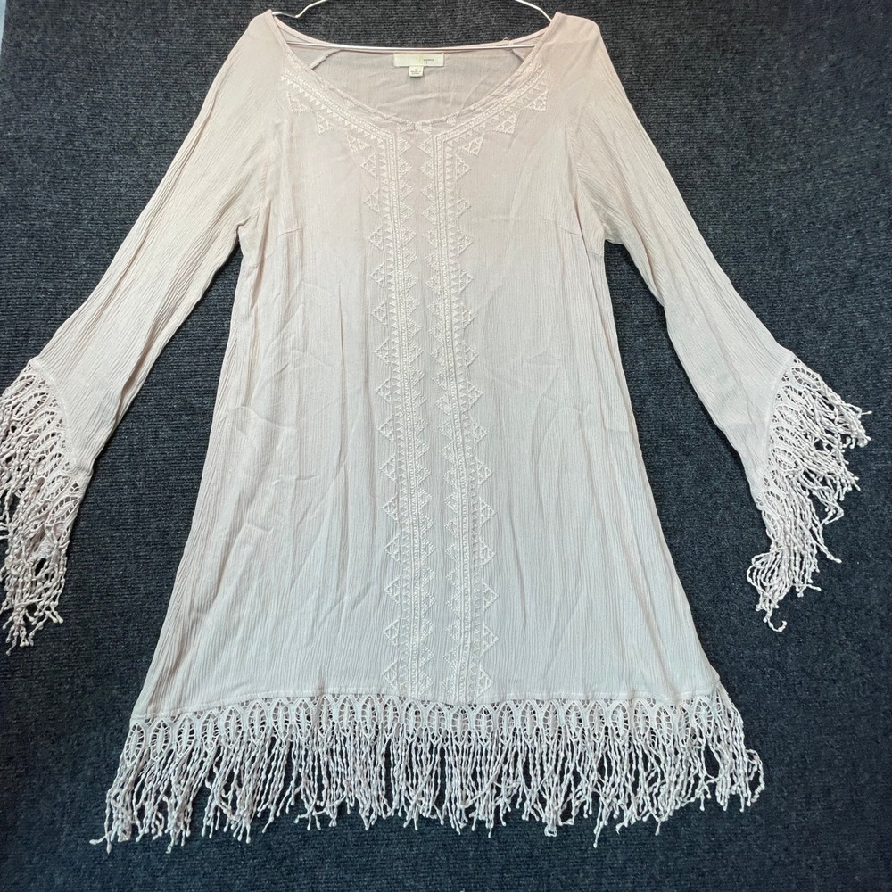 Bell Sleeve Tunic Dress L Cream Fringe Boho Cottagecore Coachella Coastal Lace